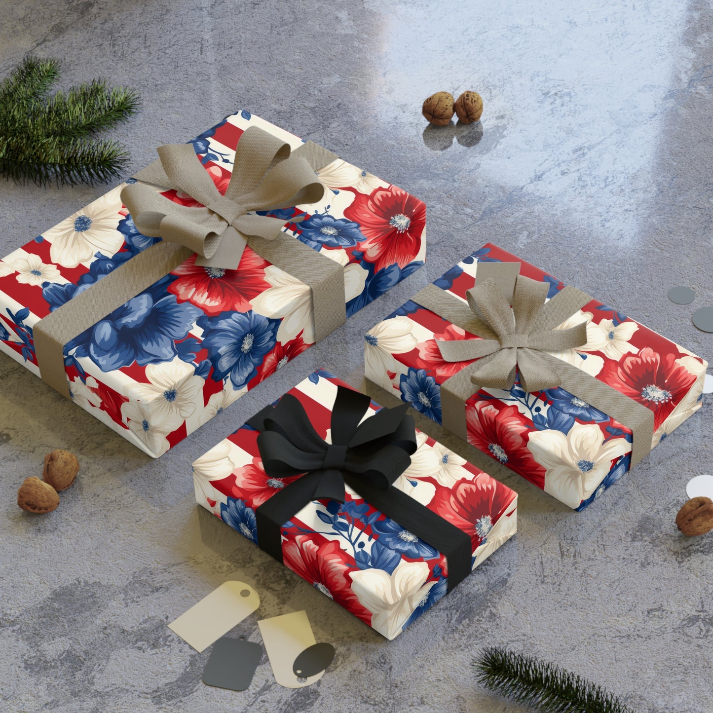 Patriotic Floral Gift Wrapping Paper, Ideal for Celebrations, Holidays, and Special Occasions, Red White Blue Design, Wrap Gifts with [...]